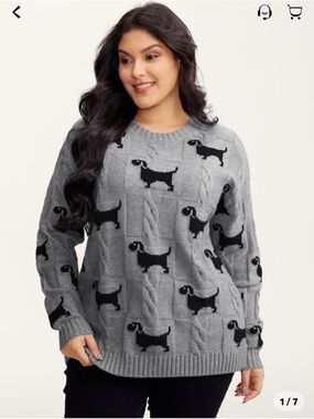 BloomChic Gray Crewneck Sweater with Black Dachshund Pattern